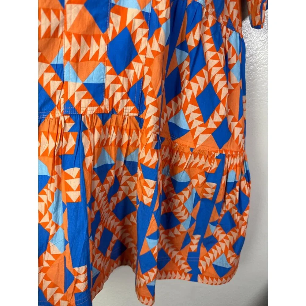 New Marea Womens Grecian Poplin Dress Short Sleeve Orange Blue Size Medium Boho - Picture 13 of 16